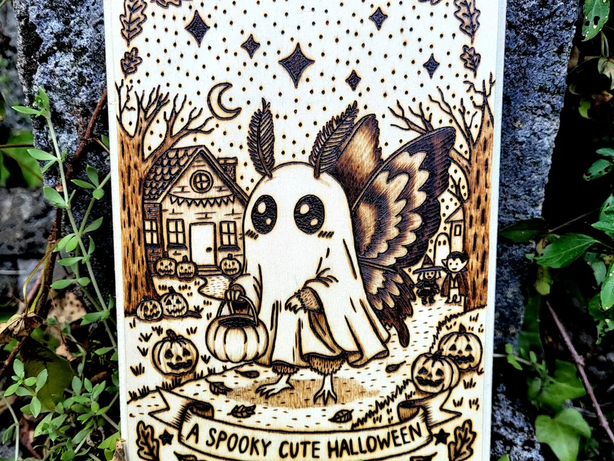 A wood-burned ghost and moth scene reading A Spooky Cute Halloween